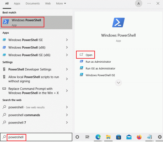 atidarykite „Windows PowerShell“ iš „Windows“ paieškos. Kaip rasti paskutinį nustatytą slaptažodį naudojant „PowerShell“.