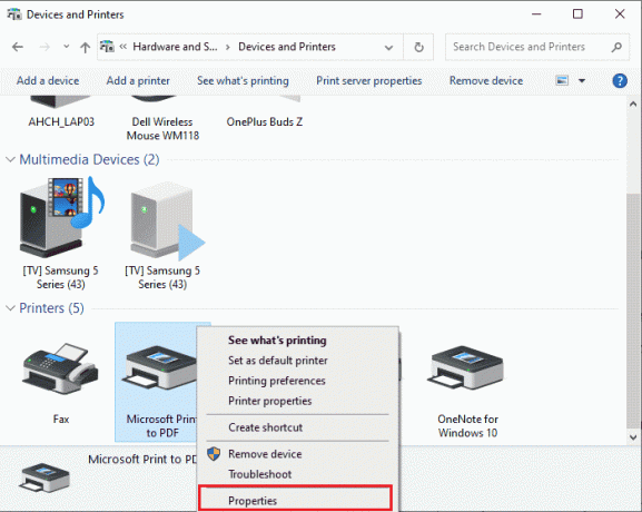 dešiniuoju pelės mygtuku spustelėkite spausdintuvą ir pasirinkite Ypatybės.