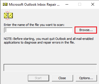 Kliknite na tlačidlo Prehľadávať…. Oprava Outlook sa otvorí iba v núdzovom režime v systéme Windows 10