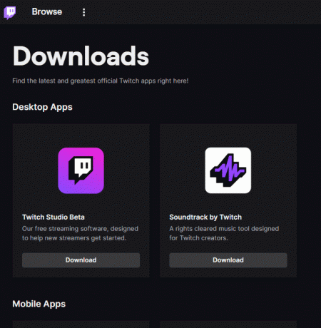 Twitch-Download-Seite. Fix, dass Twitch in Windows 10 nicht in den Vollbildmodus wechselt