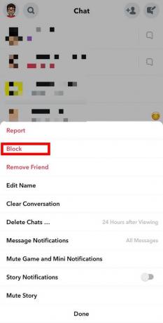 Aquí, debes tocar Bloquear. | Cómo deshacerse de los mejores amigos en Snapchat
