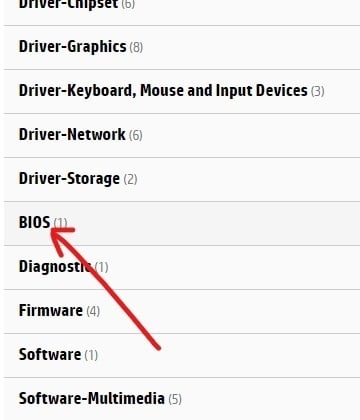 Klicka på BIOS under listan över programvara och drivrutiner