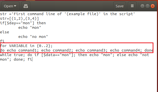 édition de la commande for dans le fichier bash example.sh