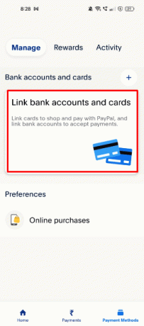 Tippen Sie auf der Registerkarte Verwalten auf die Option Bankkonto und Karten verknüpfen.