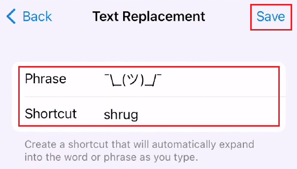 Στο πεδίο Συντόμευση, πληκτρολογήστε shrug και επικολλήστε emoji ώμους στο πεδίο Φράση - Αποθήκευση