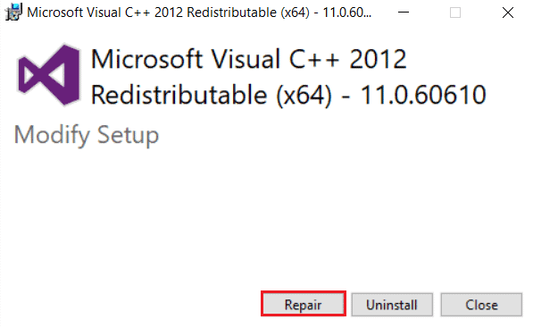 klik tombol Perbaiki untuk memperbaiki paket Microsoft Visual C plus plus 2012 Redistributable
