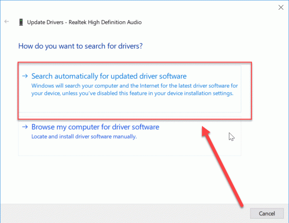 Sekarang pilih " cari secara otomatis untuk perangkat lunak driver yang diperbarui" untuk mencari pembaruan.