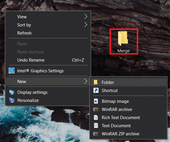 Clique com o botão direito em qualquer espaço em branco da área de trabalho e selecione Nova pasta. Nomeie esta nova pasta, ‘Merge’