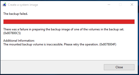 Pataisyti „Windows“ atsarginę kopiją nepavyko dėl klaidos 0x807800C5