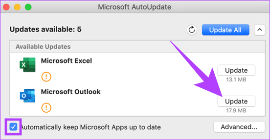 fare clic su Microsoft Outlook per l'aggiornamento
