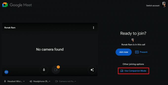 Google Meet-ის მიერთების გვერდზე დააწკაპუნეთ Companion Mode-ის გამოყენებაზე სხვა შეერთების ვარიანტების ქვეშ.