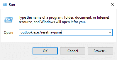 Įveskite outlook.exe resetnavpane ir paspauskite Enter klavišą, kad paleistumėte komandą Vykdyti