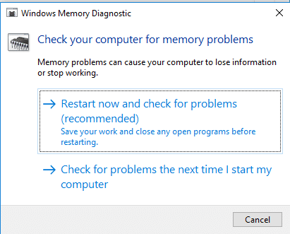 Дотримуйтесь інструкцій, наведених у діалоговому вікні програми Windows Memory Diagnostic