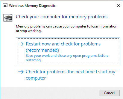 მიჰყევით Windows Memory Diagnostic-ის დიალოგურ ფანჯარაში მოცემულ ინსტრუქციას