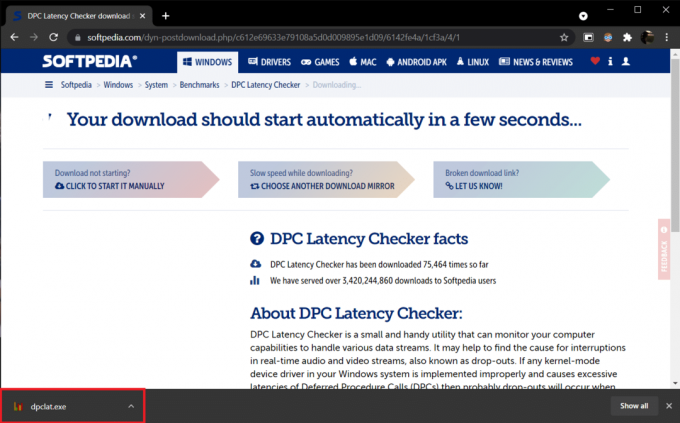Downloadseite für DPC Latency Checker 1.4.0 in Softpedia. Exe-Datei wird heruntergeladen.