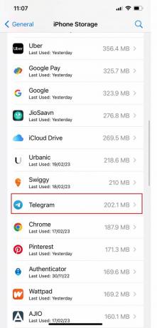 Tagad programmu sarakstā izvēlieties Telegram, lai redzētu, cik daudz krātuves izmanto lietotne