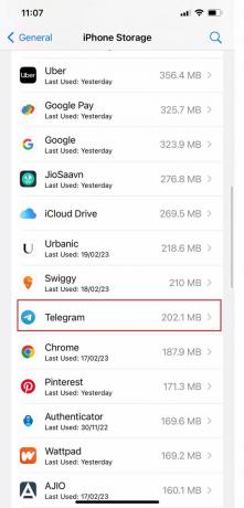 Τώρα, επιλέξτε Telegram από τη λίστα εφαρμογών για να δείτε πόσο αποθηκευτικό χώρο χρησιμοποιεί η εφαρμογή