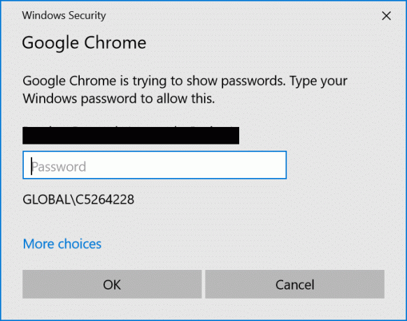 Norėdami peržiūrėti išsaugotą slaptažodį „Chrome“, įveskite savo sistemos arba prisijungimo slaptažodį