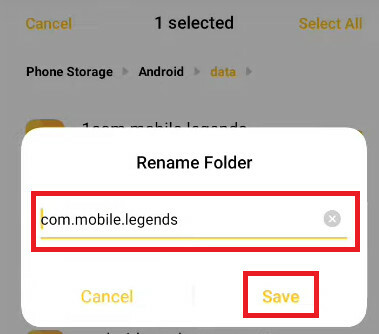 Klicka sedan på Byt namn på fil, och sedan Ge ett nytt namn till filen och tryck sedan på Spara | Hur man skapar ett smurfkonto i Mobile Legends