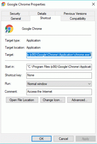 Atsidarys „Google Chrome“ ypatybių dialogo langas