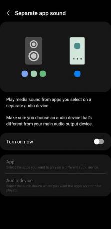 Smartphone Samsung memungkinkan Anda untuk menyesuaikan perangkat keluaran suara aplikasi di menu suara aplikasi terpisah di pengaturan