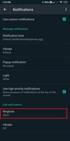 Rul ned til afsnittet med opkaldsmeddelelser, og skift 'Ringetone' til Ingen. | Sådan muter du Whatsapp-opkald på Android?