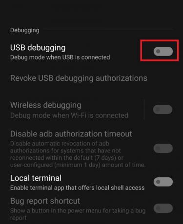 USB डिबगिंग को टॉगल करें। Android पर फेट ग्रैंड ऑर्डर त्रुटि 43 को ठीक करें