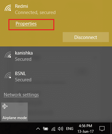 faceți clic pe proprietăți sub rețeaua WiFi conectată