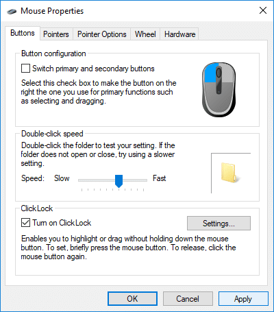 Увімкнути або вимкнути блокування миші ClickLock в Windows 10