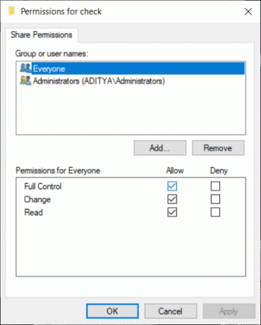 Altere as configurações de permissão para um grupo ou usuário específico.