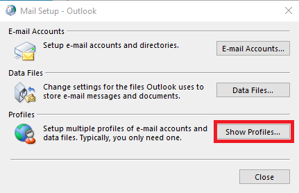 Klik på Vis profiler i Mail Setup Outlook-dialogboksen. Ret Office 365 Filnavnet er ugyldigt ved lagringsfejl