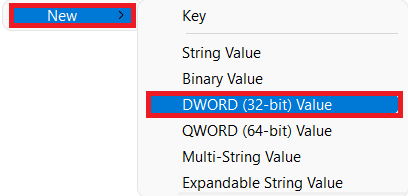 Opprette ny DWROD-verdi ved hjelp av kontekstmenyen. Slik deaktiverer du låseskjermen i Windows 11