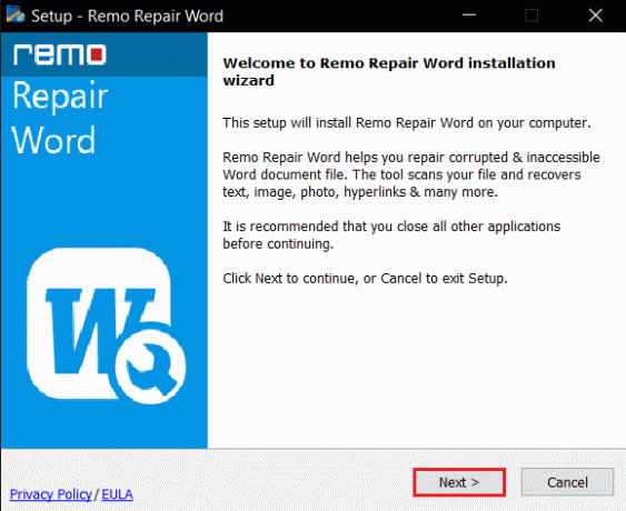 натисніть Далі в налаштуваннях Remo Repair Tool. Виправити помилку дозволу файлу Word у Windows 10