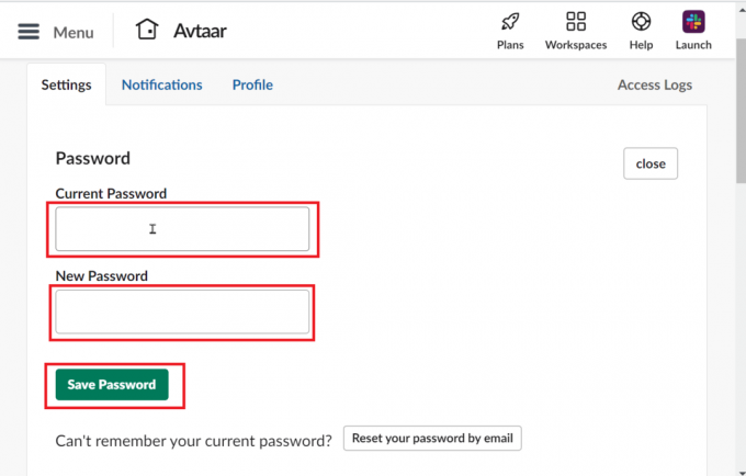 ange gammalt och nytt lösenord och klicka på spara lösenord | ändra slack e-postadress