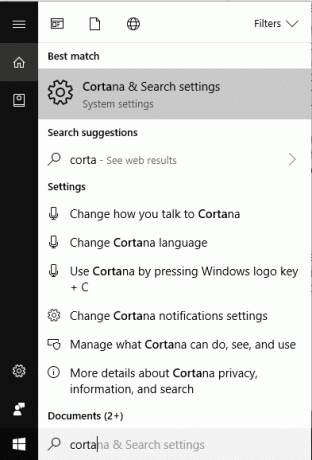 Keresse meg a Cortana kifejezést a Start menü Keresés pontjában, majd kattintson a Cortana és keresési beállítások elemre