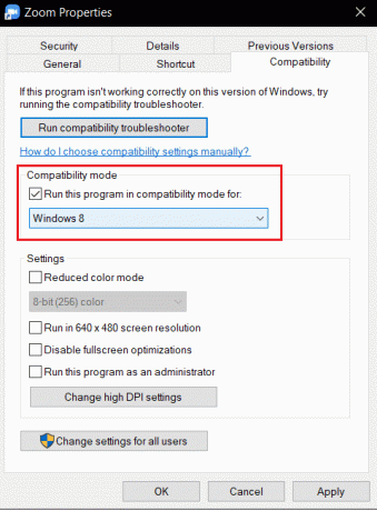확대/축소 속성 호환성 탭의 옵션에 대해 이 프로그램을 호환성 모드에서 실행을 확인하십시오. Windows 10에서 Zoom 잘못된 회의 ID 오류 수정