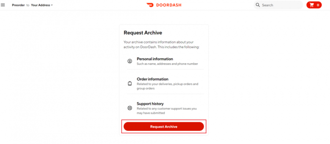 faceți clic pe cerere Arhivă pe site-ul web DoorDash