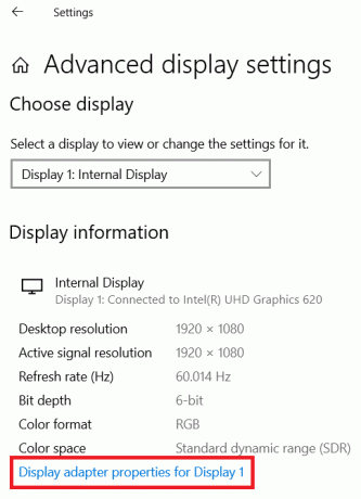 Vieritä alas ja napsauta Näyttösovittimen ominaisuudet Display 1:lle. Kuinka tarkistaa näytön malli Windows 10: ssä