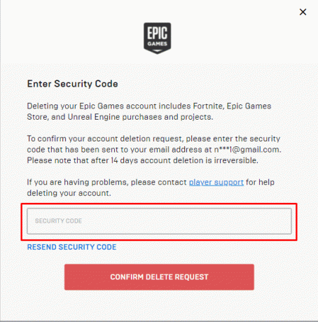 أدخل رمز الأمان المرسل إلى عنوان بريدك الإلكتروني المسجل | كيفية حذف حساب Fortnite على Switch