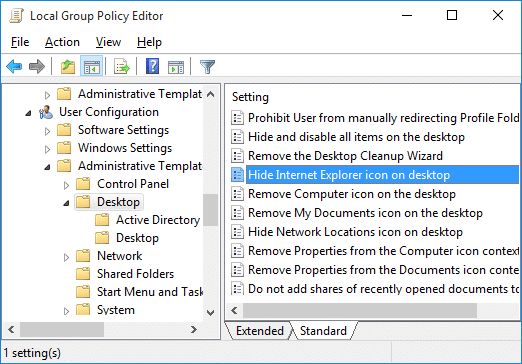 ดับเบิลคลิกที่ซ่อนไอคอน Internet Explorer บนนโยบายเดสก์ท็อป