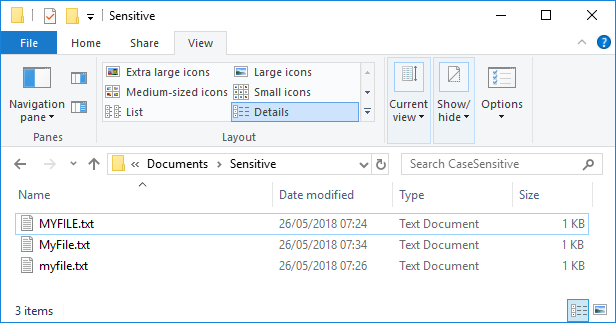 Aktivera eller inaktivera skiftlägeskänsligt attribut för mappar i Windows 10