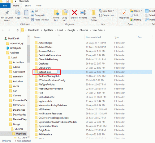 Pervardykite failą į Numatytąjį Bak. Pataisykite „Chrome“, neišsaugodami slaptažodžių sistemoje „Windows 10“.