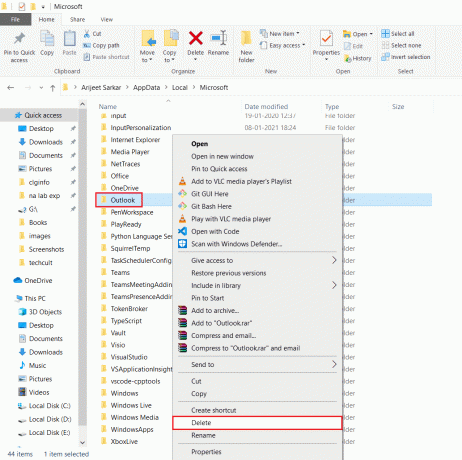 eikite į „Microsoft localappdata“ aplanką ir ištrinkite „Outlook“ aplanką