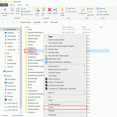 Gehen Sie zum Microsoft-Ordner localappdata und löschen Sie den Outlook-Ordner