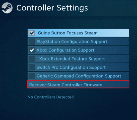 Kliknite na oporavi firmware kontrolera steam