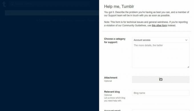 Tumblr-Hilfeseite – Übermitteln Sie das technische Anmeldeproblem mit Ihrem Konto, indem Sie die Supportkategorie „Kontozugriff“ auswählen