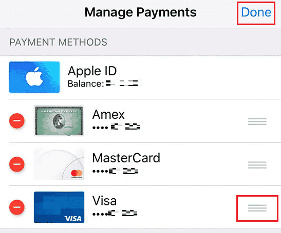 iPhone - trageți metoda de plată dorită folosind pictograma de reordonare în partea de sus a listei - Gata