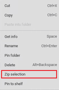선택한 파일을 마우스 오른쪽 버튼으로 클릭하고 상황에 맞는 메뉴에서 Zip 선택 옵션을 클릭합니다.