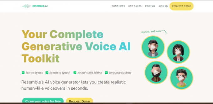 RESEMBLE.AI Hjemmeside | 29 Beste gratis AI Voice Generator
