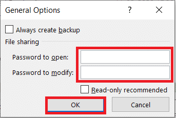 Dans l'onglet Options générales, laissez le champ mot de passe à ouvrir et mot de passe à modifier vides et cliquez sur OK